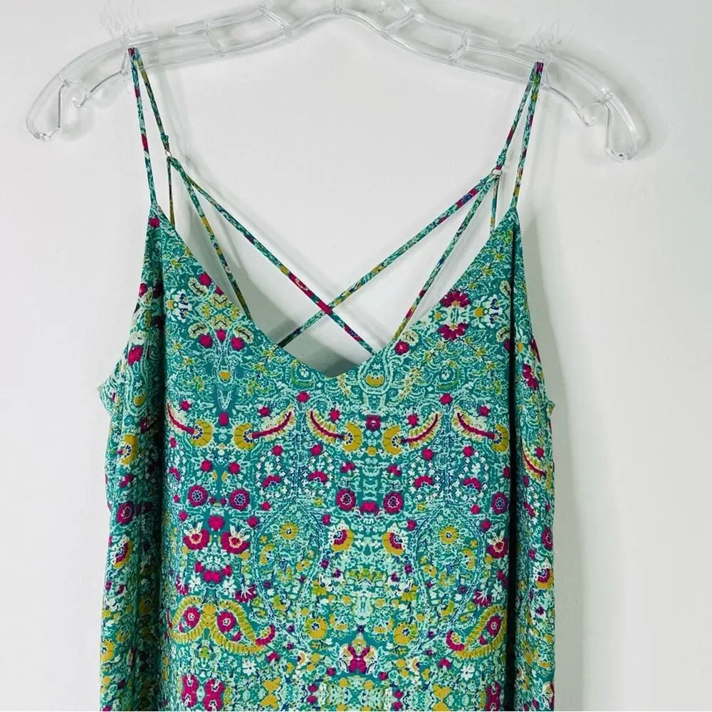 Anthropologie Maeve green pink silk floral boho strappy button tunic top 6 - Picture 2 of 11